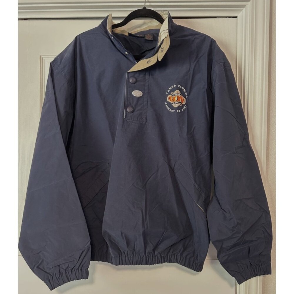 Super Bowl 35 jacket windbreaker NEW NOS Ravens Giants 2001 Large blue pullover